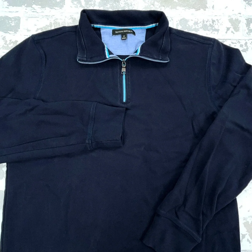 Banana Republic Sweater Men Medium Blue Knit‎ Sweatshirt Quarter Zip Navy Thin *